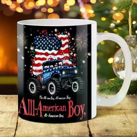 1pc Patriotic Monster Truck Ceramic Mug, 11oz Large Handle Coffee Cup, All-American Boy Design, Durable for Camping,