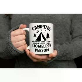 1pc Insulated Ceramic Coffee Mug 11 oz - Double-Sided Camping Humor Design, Reusable, Microwave Safe,