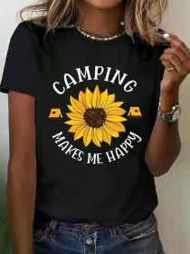 Women's "Camping Makes Me Happy" Sunflower Graphic T-Shirt - Soft Short Sleeve Tee, Black with Yellow & White Print, (Color: black, size: S)