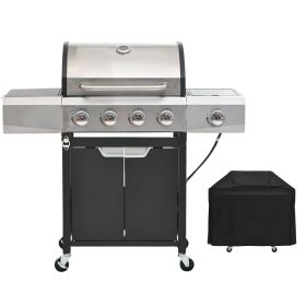 Propane Grill 4 Burner Barbecue Grill Stainless Steel Gas Grill with Side Burner and Cover for Outdoor BBQ, Camping (Main Material: Stainless Steel, Main Color: Silver)