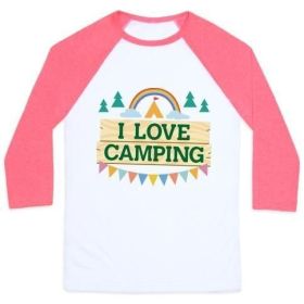 I LOVE CAMPING (POCKET CAMP PARODY) UNISEX CLASSIC BASEBALL TEE (Size-Color: x-large-White/Neon Pink, Style: Unisex Classic Baseball Tee)