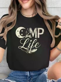 Women's Casual Short Sleeve Round Neck T-shirt - Camp Life Pattern Print, 100% Relaxed Fit (Color: black, size: XXL)