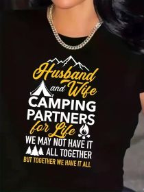 Women's Plus Size T-Shirt | 'Husband and Wife Camping Partners for Life' Graphic | 100% | Breathable & Comfortable | Round Neck, Short Sleeve (Color: black, size: XXXL)